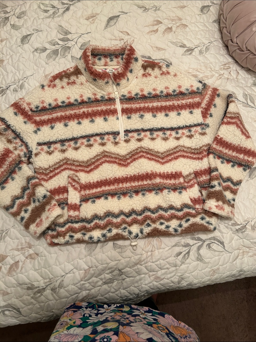 Pink Republic Cream Sherpa Half-Zip with Rust & Dusty Blue Accents